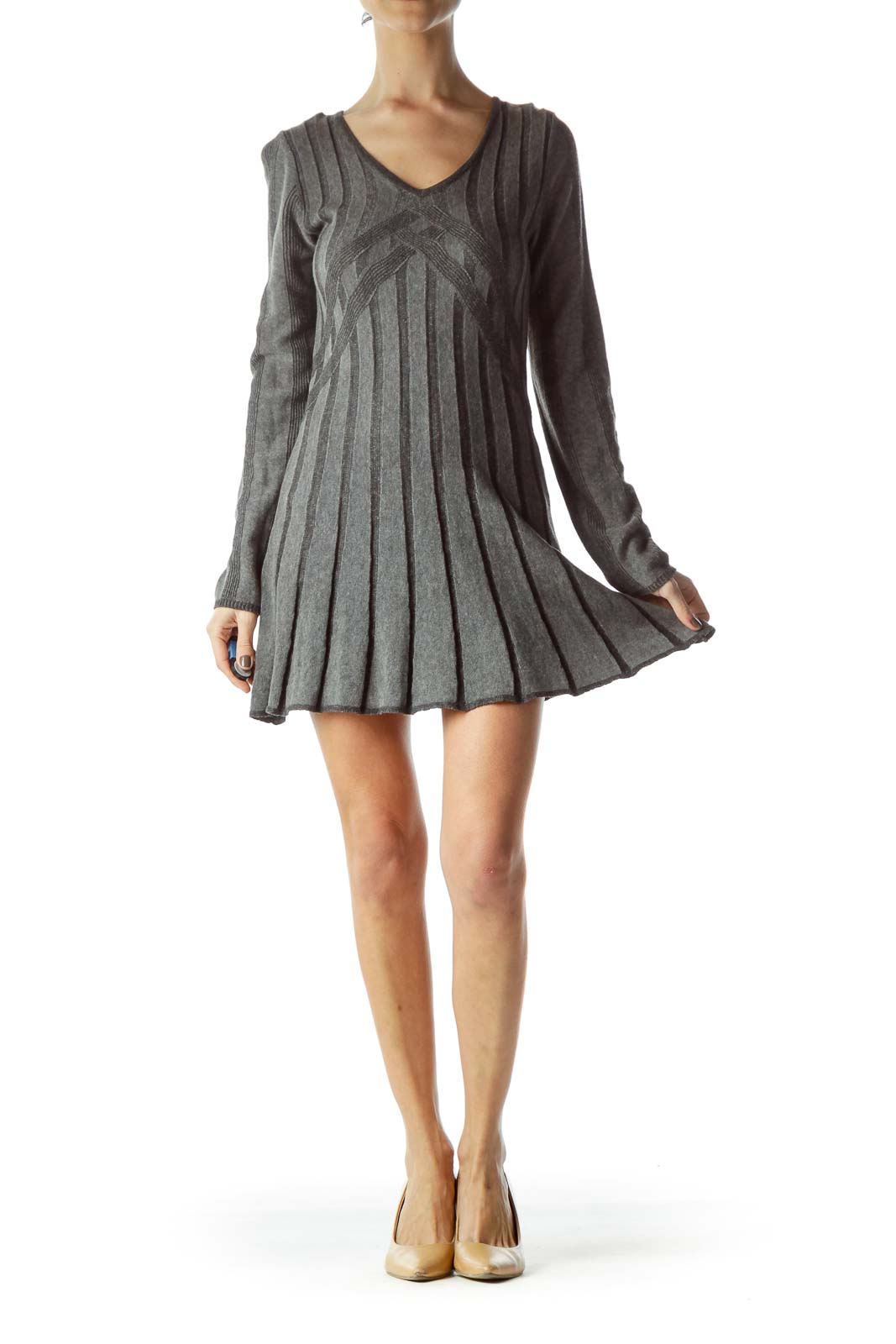 Gray Long Sleeve V-Neck Knit Dress