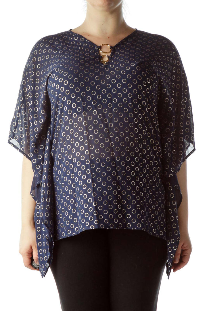 Front view of MICHAEL Michael Kors navy polka dot blouse with gold ring detail