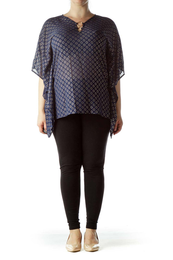 Front view of MICHAEL Michael Kors navy polka dot blouse with gold ring detail