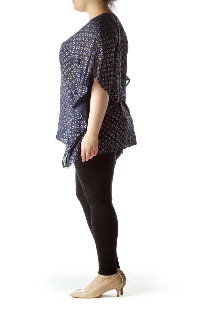 Front view of MICHAEL Michael Kors navy polka dot blouse with gold ring detail