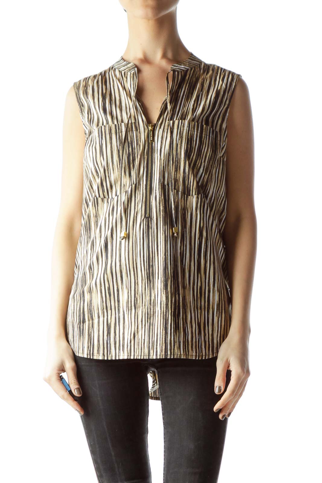 Front view of MICHAEL Michael Kors brown striped sleeveless blouse with V-neck and chest pockets