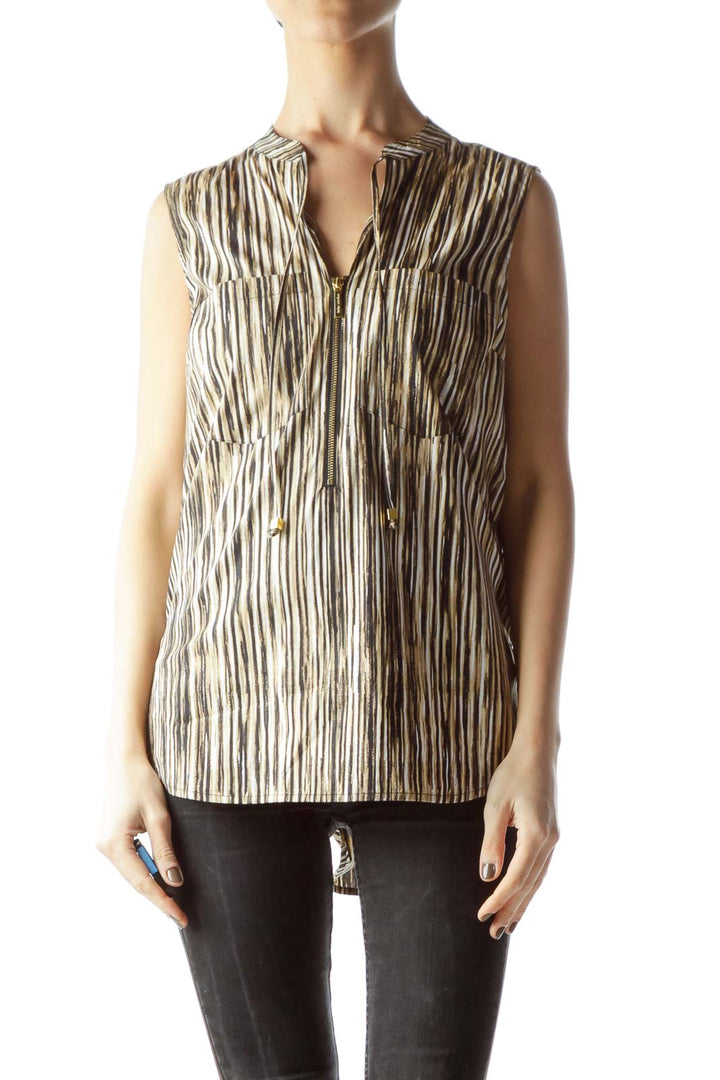 Front view of MICHAEL Michael Kors brown striped sleeveless blouse with V-neck and chest pockets