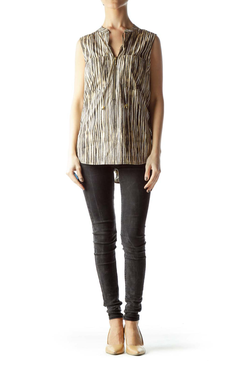 Front view of MICHAEL Michael Kors brown striped sleeveless blouse with V-neck and chest pockets