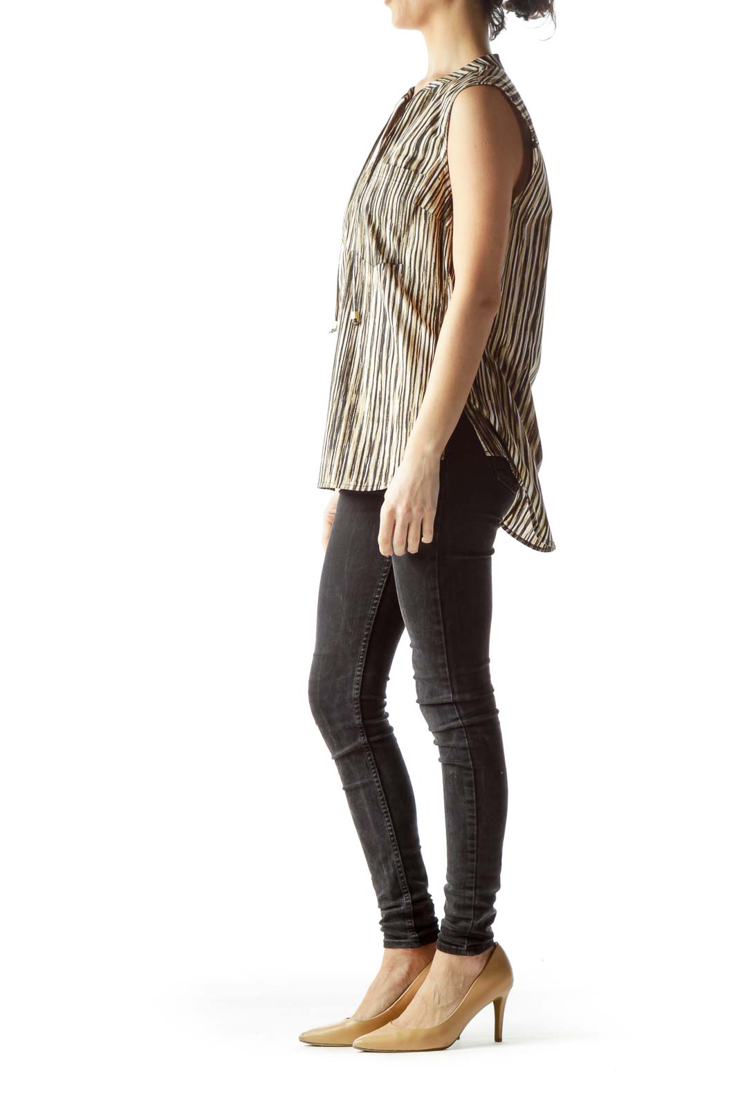 Front view of MICHAEL Michael Kors brown striped sleeveless blouse with V-neck and chest pockets