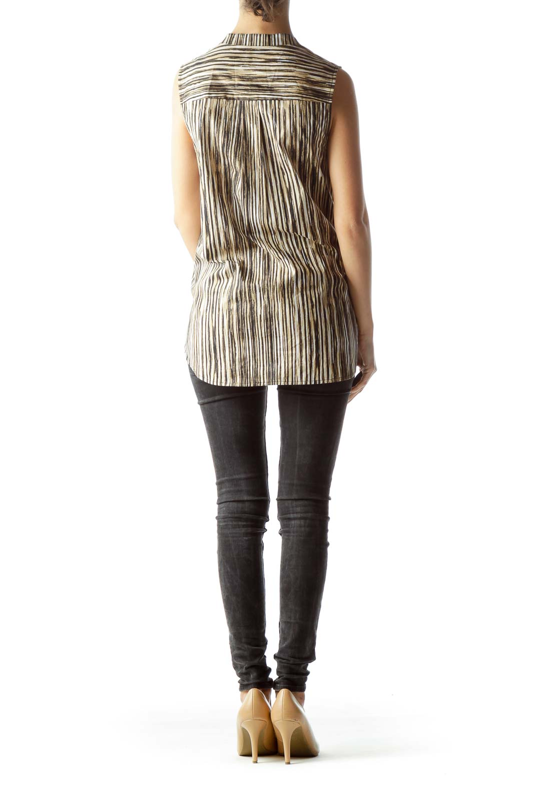 Back view of MICHAEL Michael Kors brown striped sleeveless blouse showing full length and fit