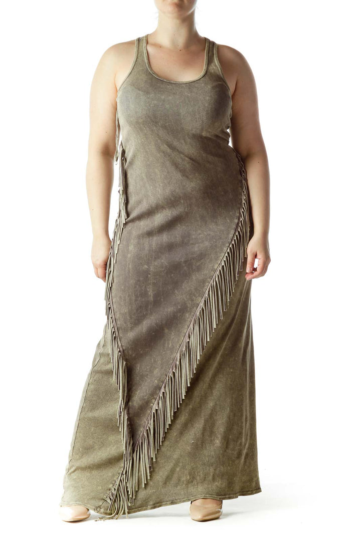 Military Gray and Green Fringe Maxi Dress