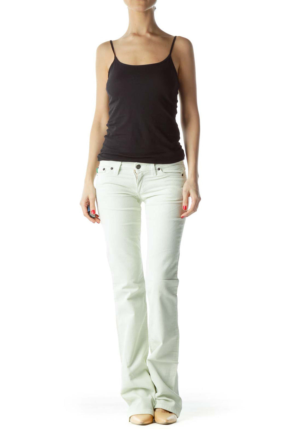 Front view of Grass LA white flared jeans on model