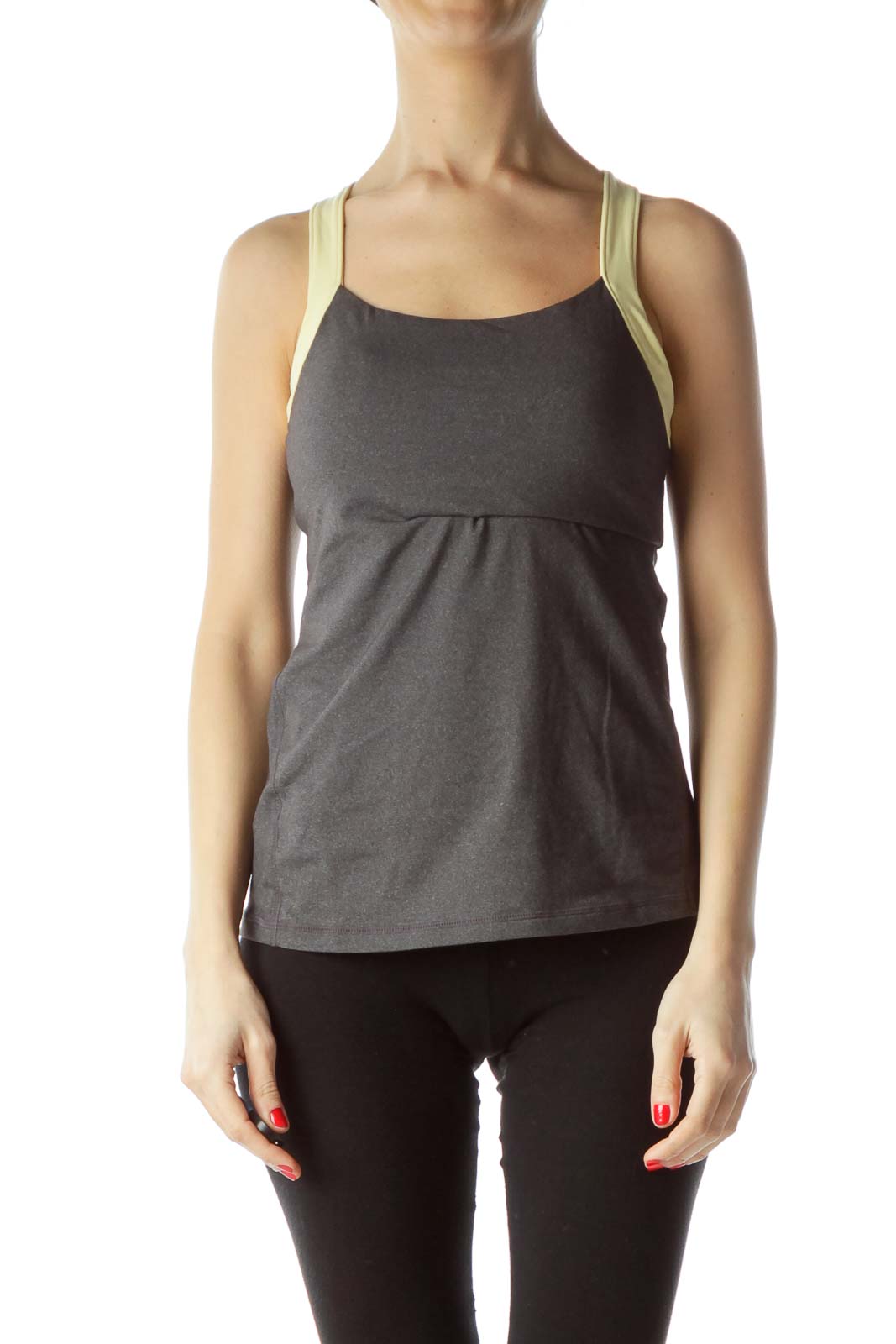 Front view of gray Lucy racerback tank top with yellow straps