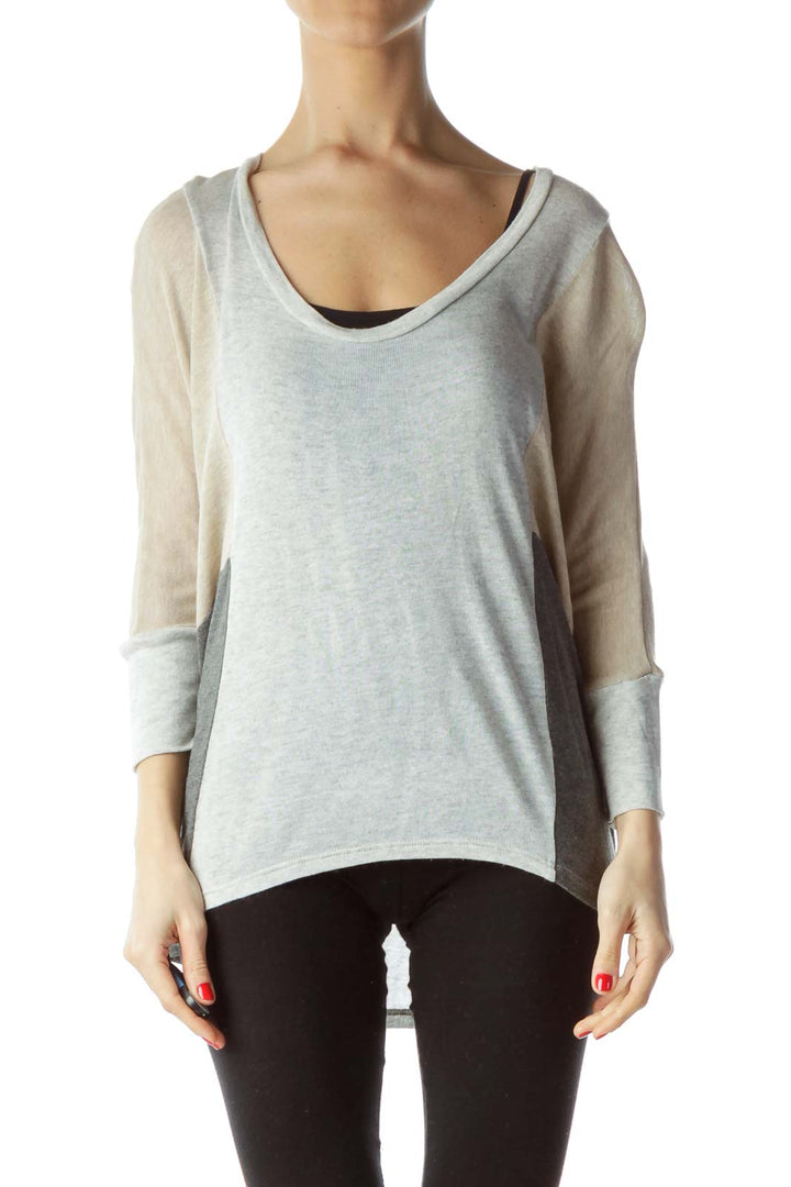 Gray Beige Color Block Bat-Sleeves Knit Top