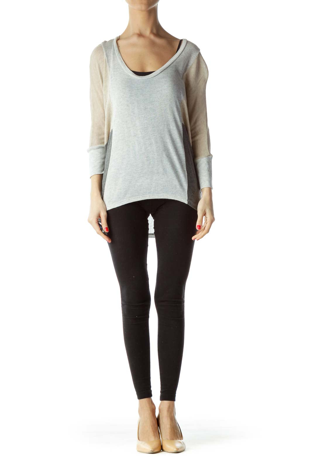 Gray Beige Color Block Bat-Sleeves Knit Top