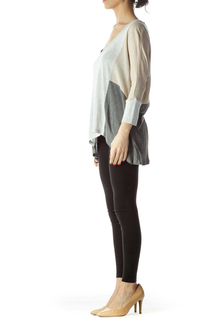 Gray Beige Color Block Bat-Sleeves Knit Top