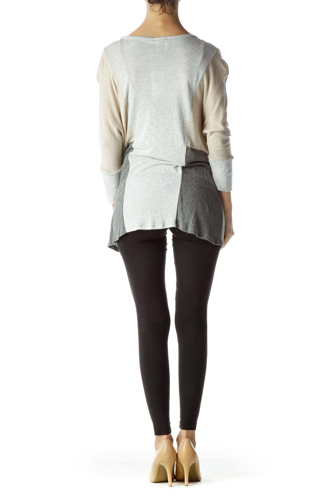 Gray Beige Color Block Bat-Sleeves Knit Top