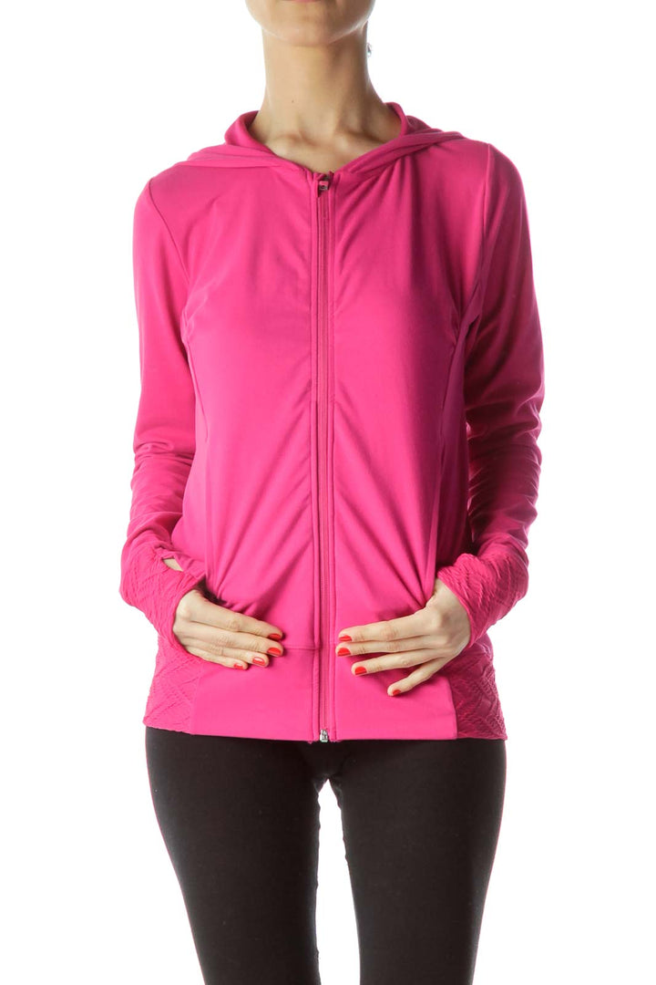 Magenta Pink Hooded Zippered Thumbhole Sports Jacket