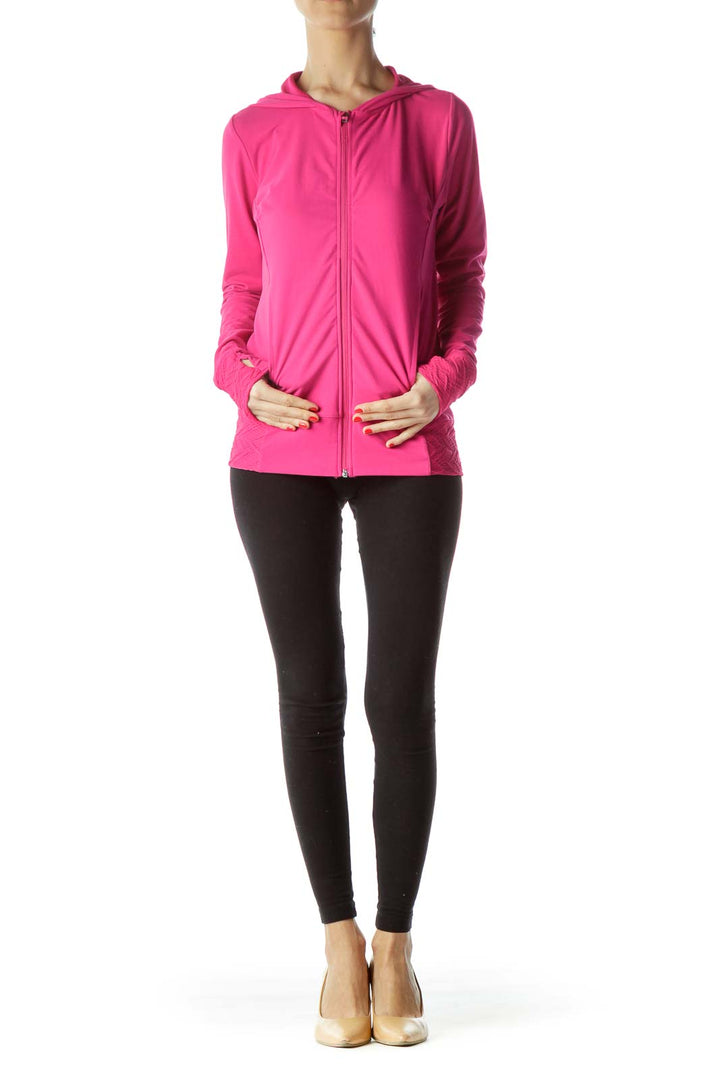 Magenta Pink Hooded Zippered Thumbhole Sports Jacket