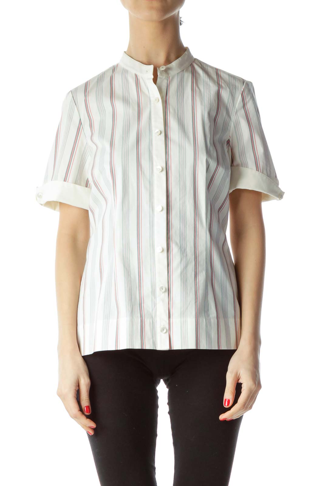 Front view of Penguin white striped short-sleeve button-up shirt with mandarin collar