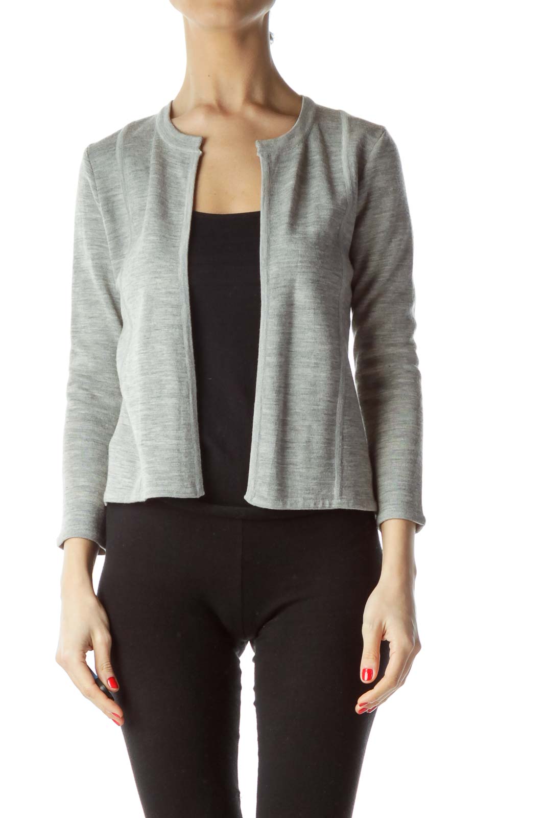 Front view of BCBG MaxAzria gray open-front cropped jacket on model