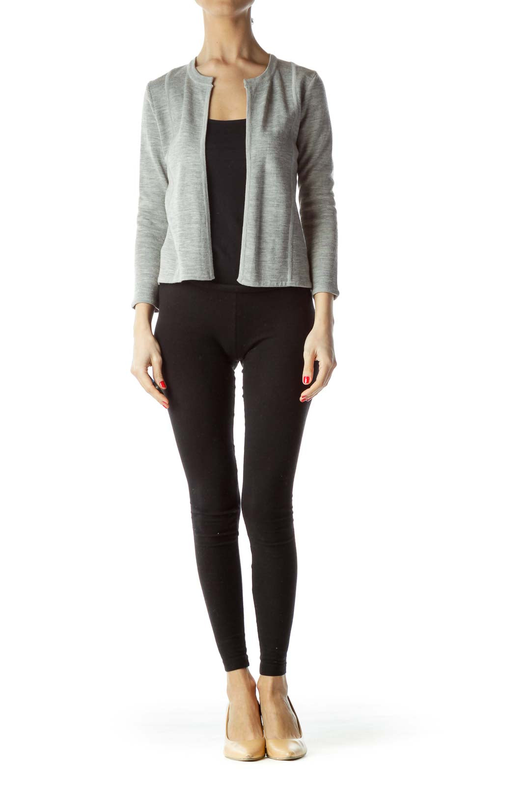 Front view of BCBG MaxAzria gray open-front cropped jacket on model