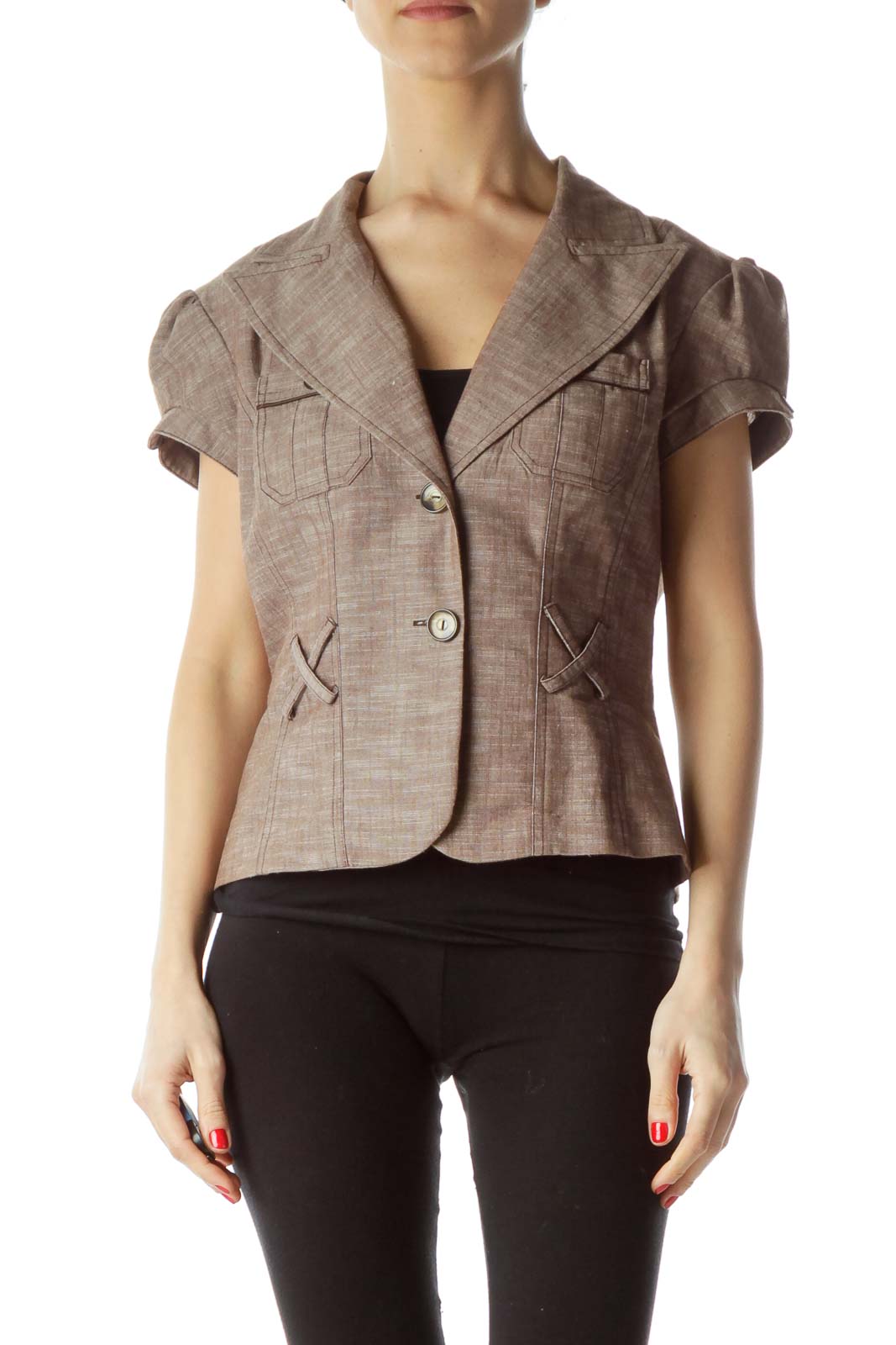 Front view of A. byer taupe short-sleeve fitted blazer with lapel collar