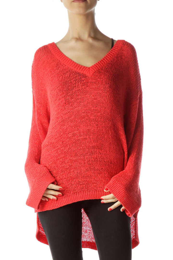 Red V-Neck See-Through Loose Knit Top