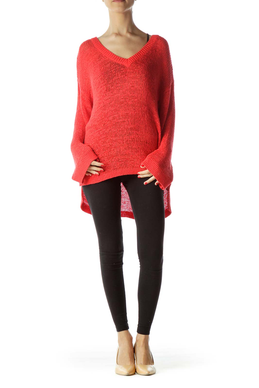 Red V-Neck See-Through Loose Knit Top