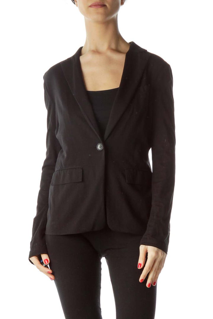 Front view of black BCBG MaxAzria single-button blazer