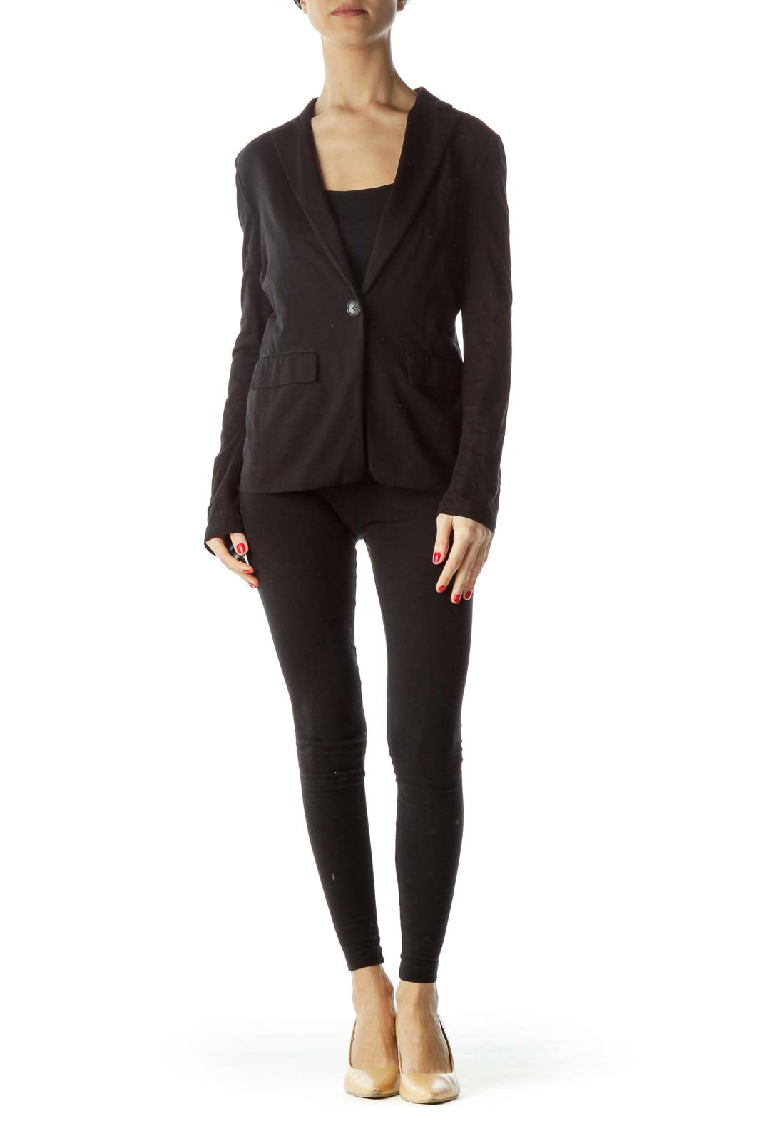 Front view of black BCBG MaxAzria single-button blazer