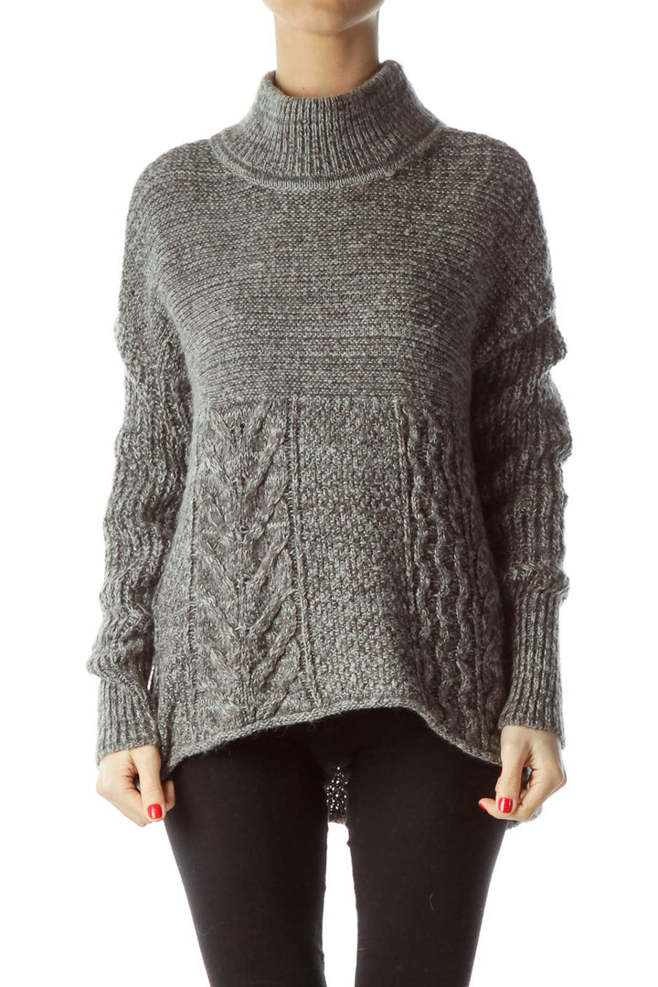 Gray Silver Metallic Thread High Neck Flared Sweater