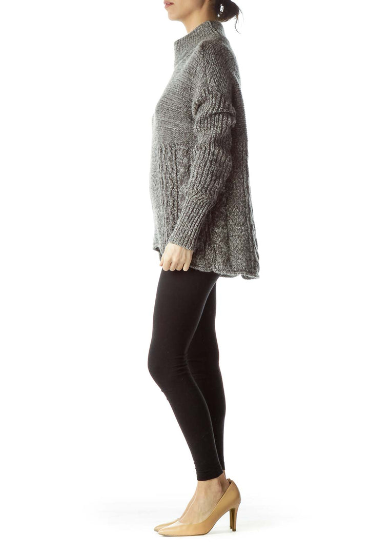 Gray Silver Metallic Thread High Neck Flared Sweater