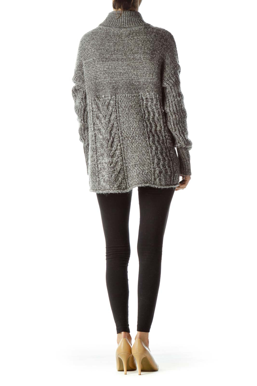 Gray Silver Metallic Thread High Neck Flared Sweater