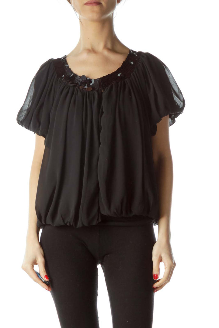 Black Sheer Short-Sleeves Sequin Neckline Poncho-Like Knit Top