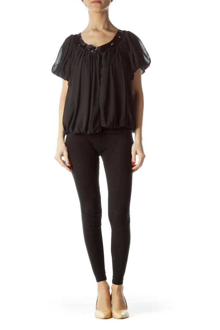 Black Sheer Short-Sleeves Sequin Neckline Poncho-Like Knit Top