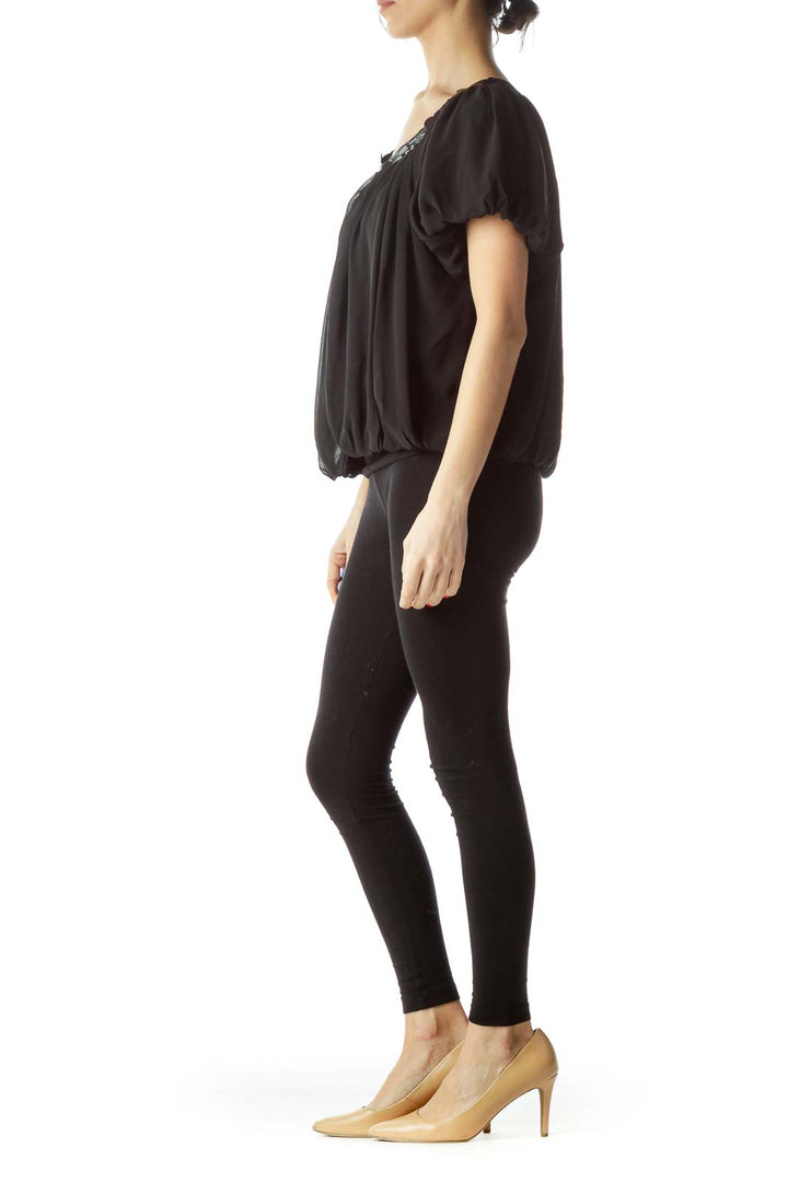 Black Sheer Short-Sleeves Sequin Neckline Poncho-Like Knit Top