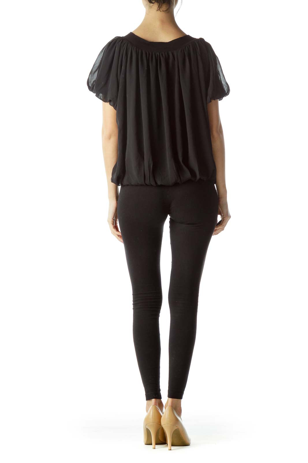 Black Sheer Short-Sleeves Sequin Neckline Poncho-Like Knit Top