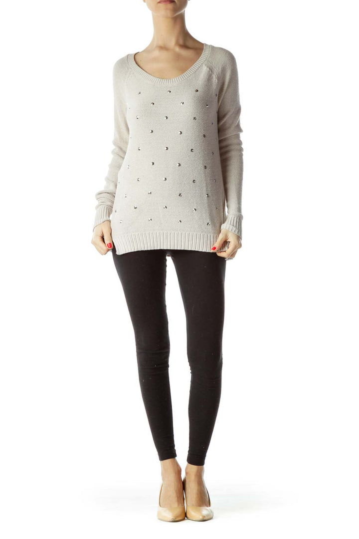 Front view of cream Rock & Republic knit sweater with rhinestone embellishments