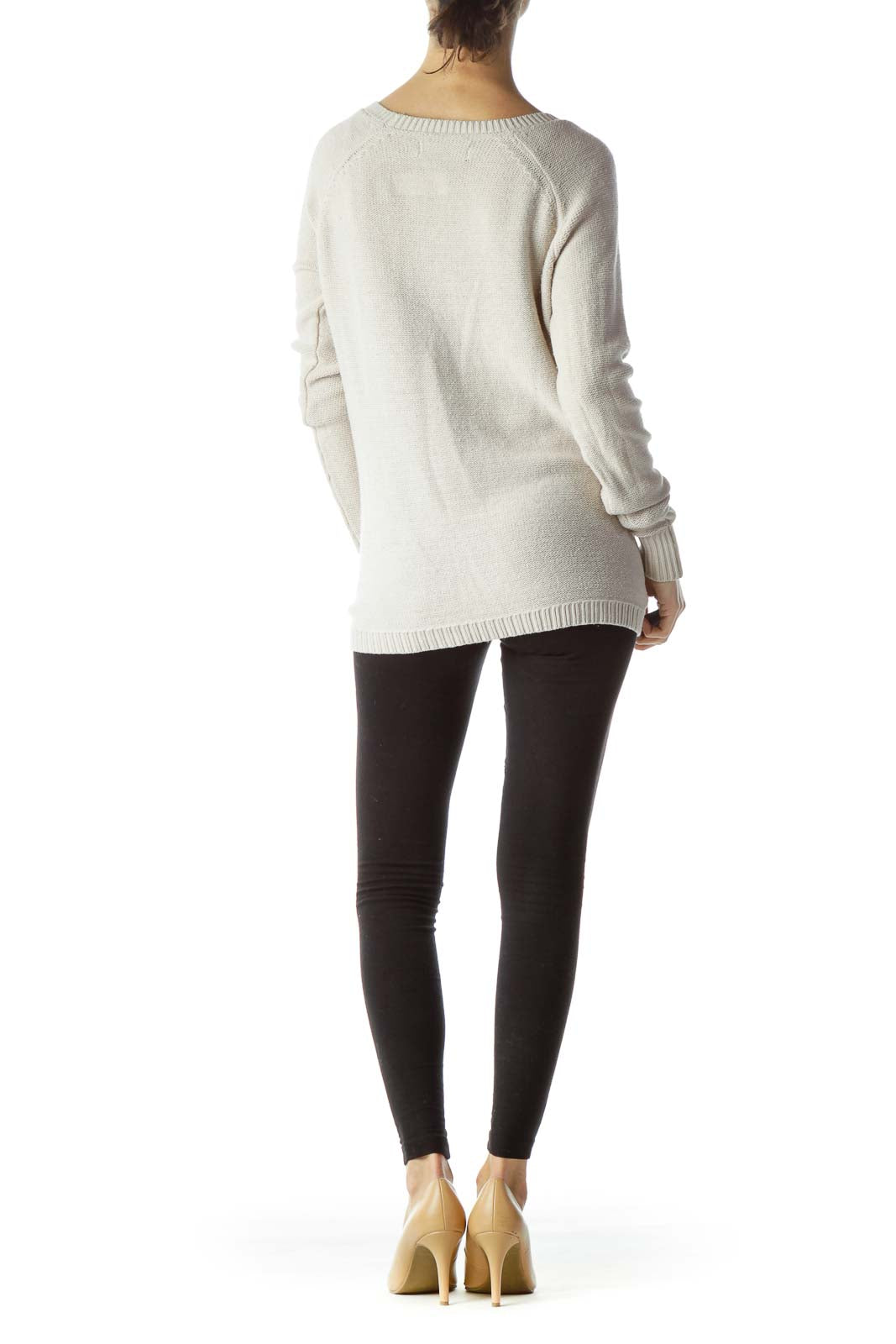 Back view of cream Rock & Republic knit sweater showing relaxed fit