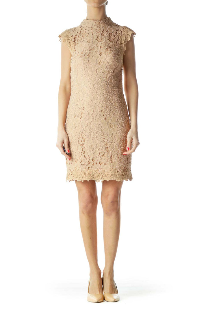 Beige Lace Open-Back Evening Dress