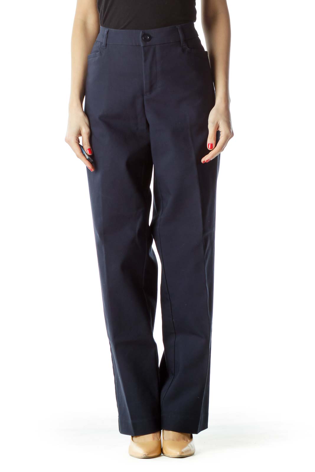 Front view of Christopher & Banks navy straight-leg trousers on model