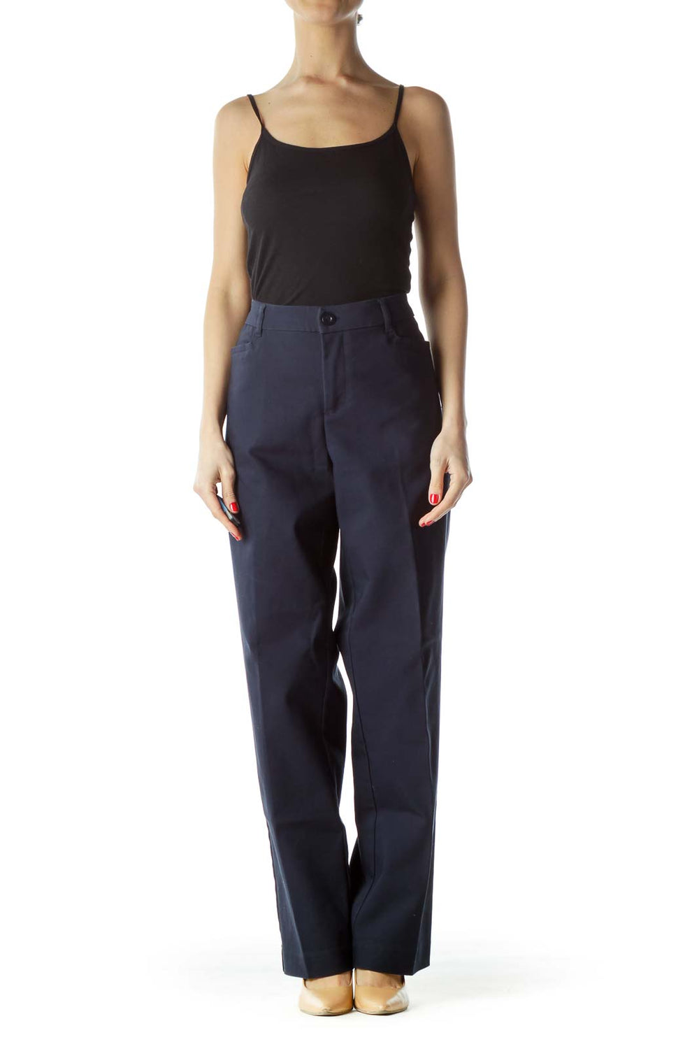 Front view of Christopher & Banks navy straight-leg trousers on model