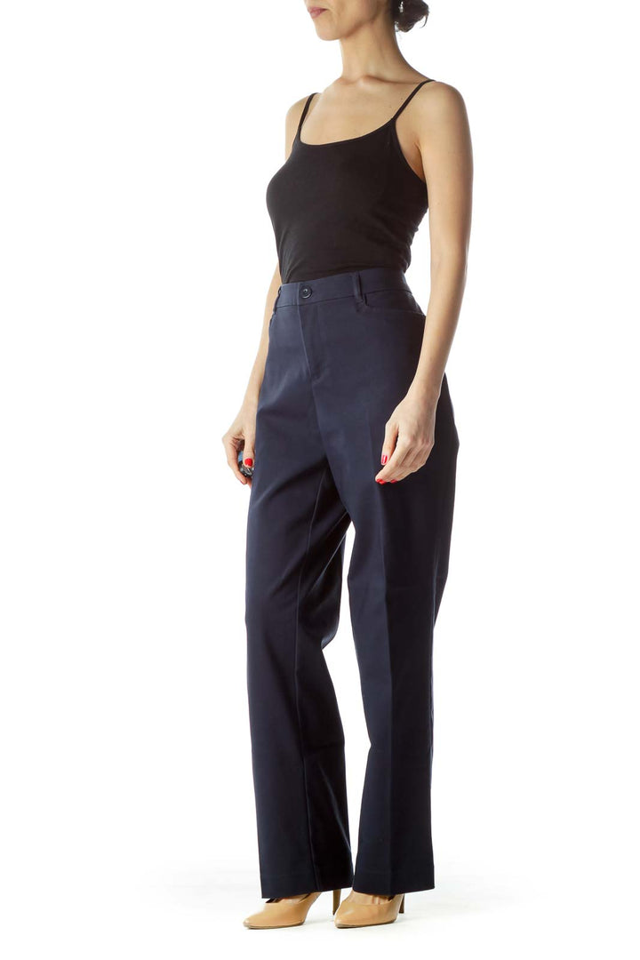 Front view of Christopher & Banks navy straight-leg trousers on model