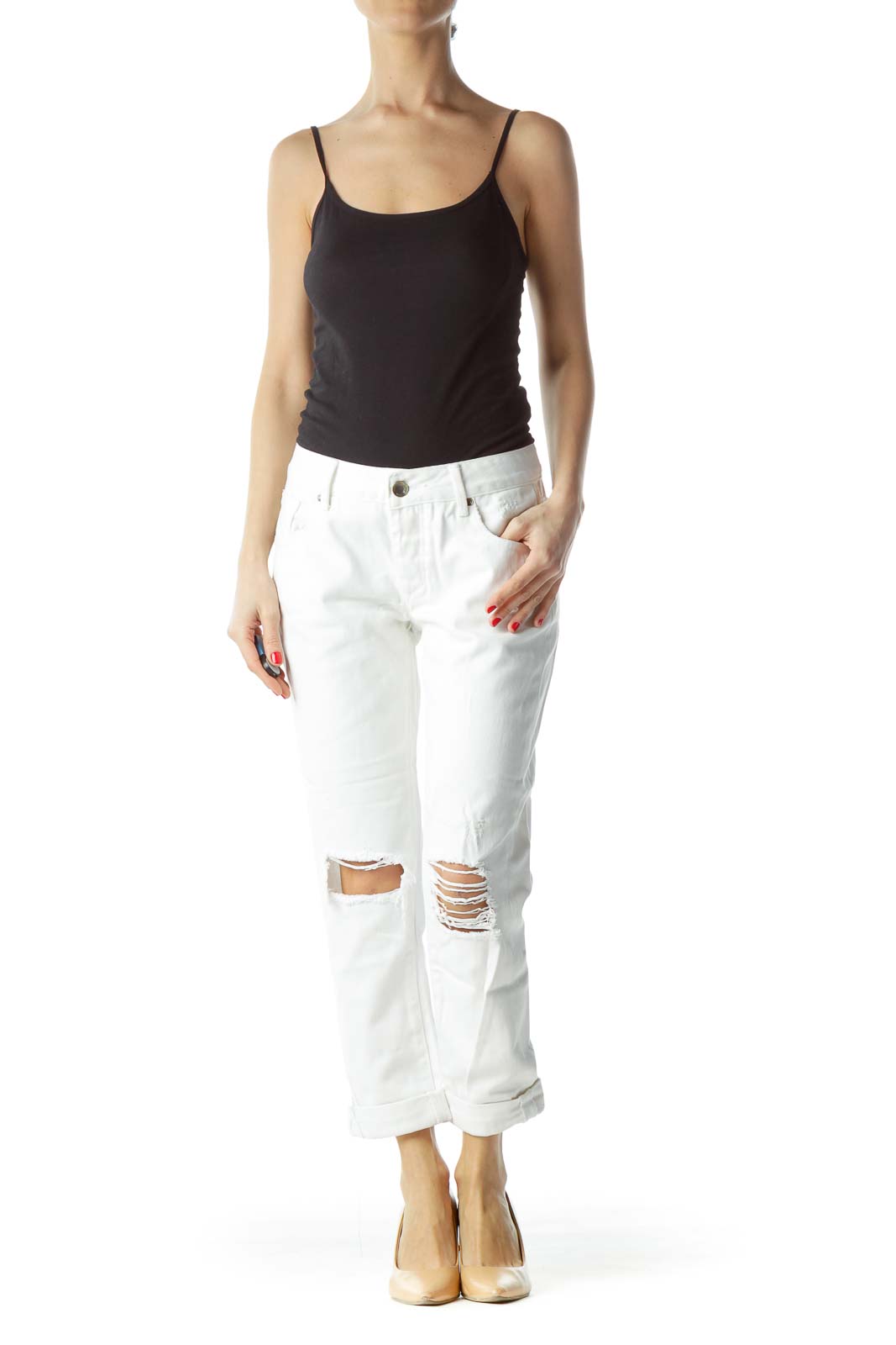 Front view of RACHEL Rachel Roy white distressed cropped denim jeans with knee rips