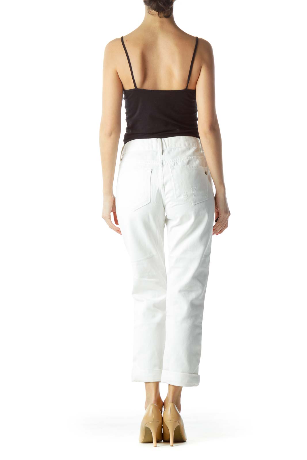 Back view of RACHEL Rachel Roy white distressed cropped denim jeans on model