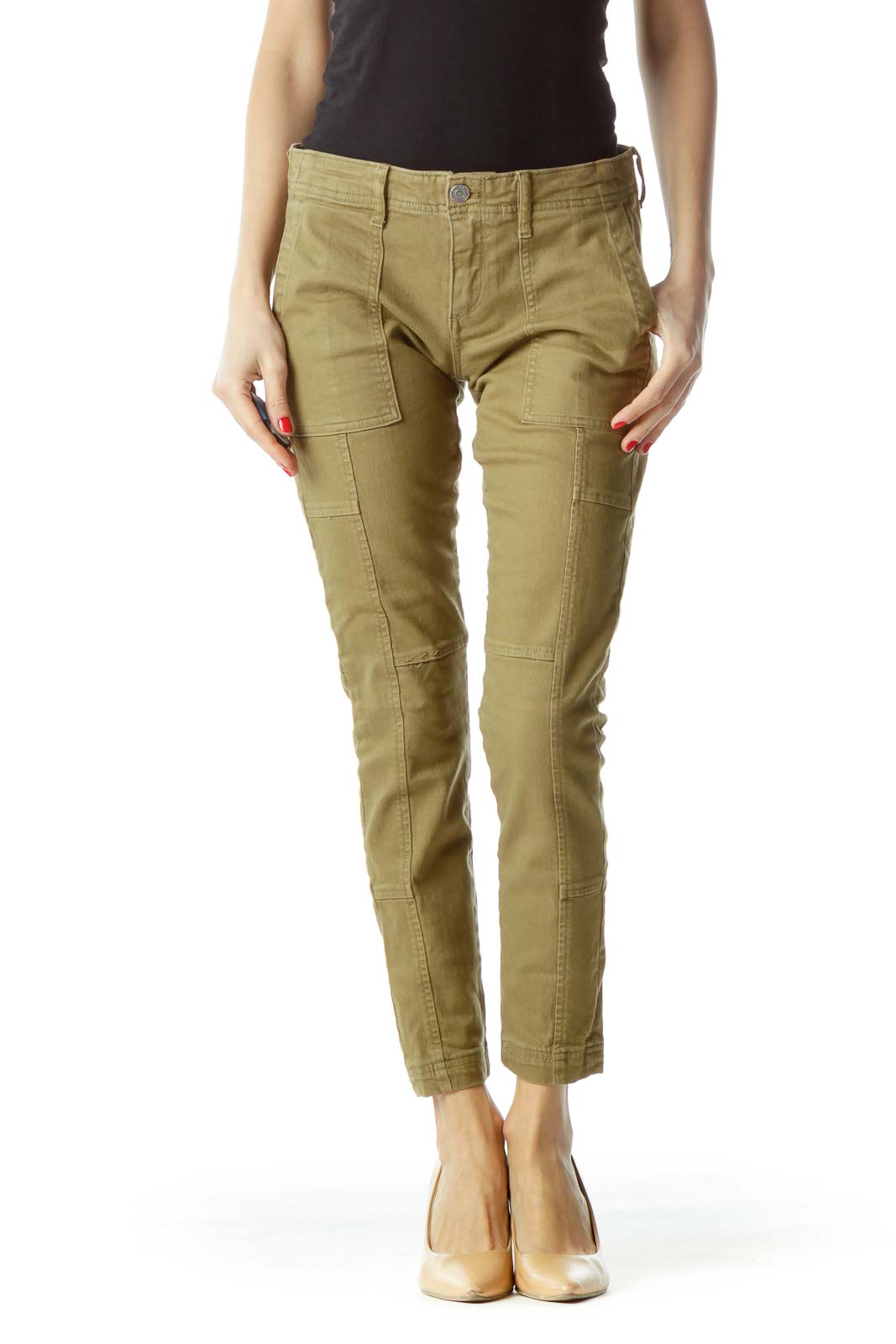 Front view of Banana Republic khaki slim fit cargo pants on model