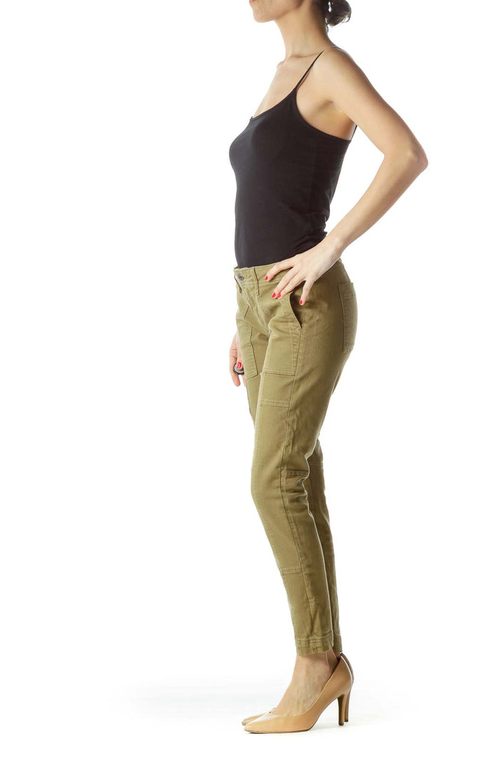 Front view of Banana Republic khaki slim fit cargo pants on model