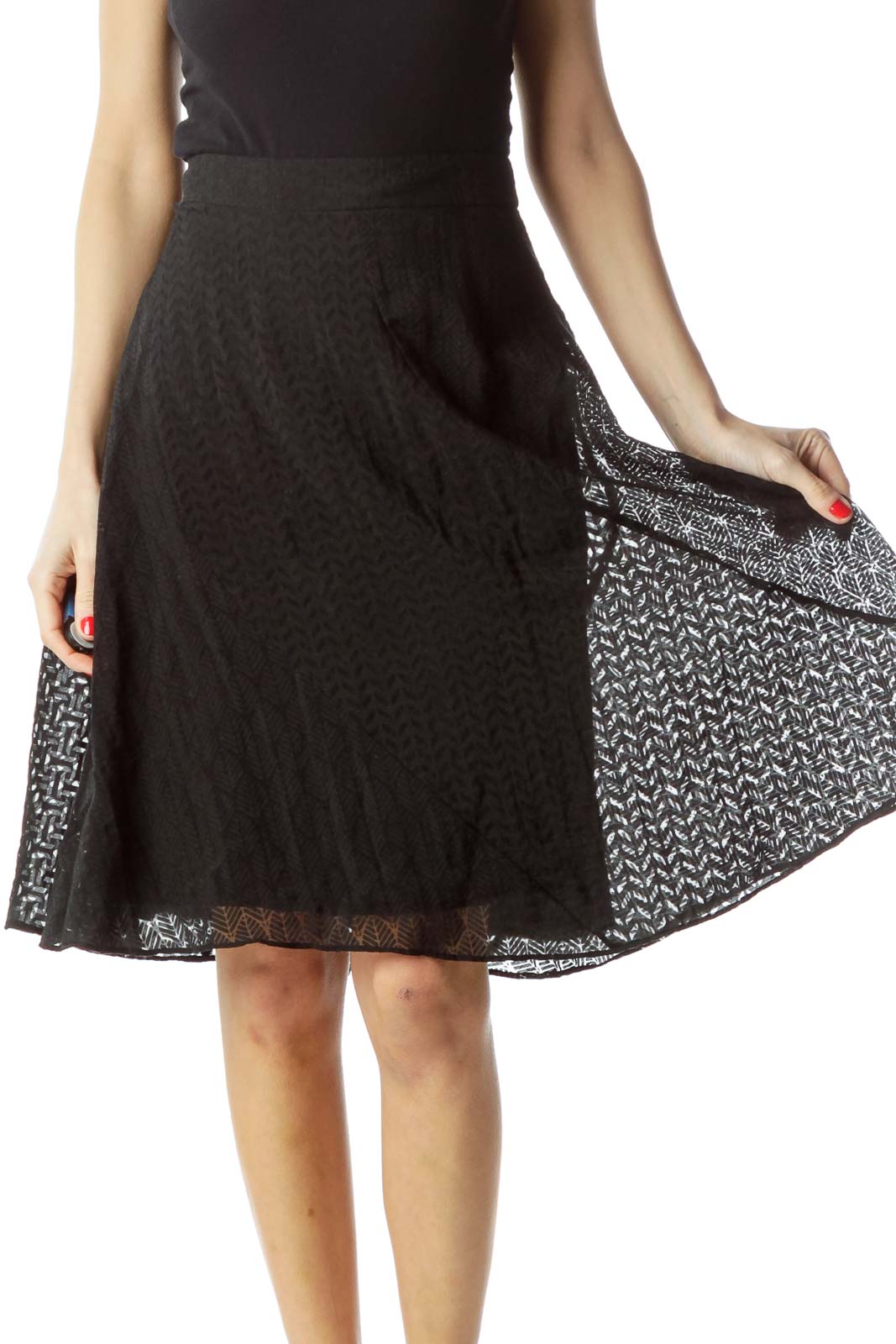 Front view of Maeve black lace A-line midi skirt