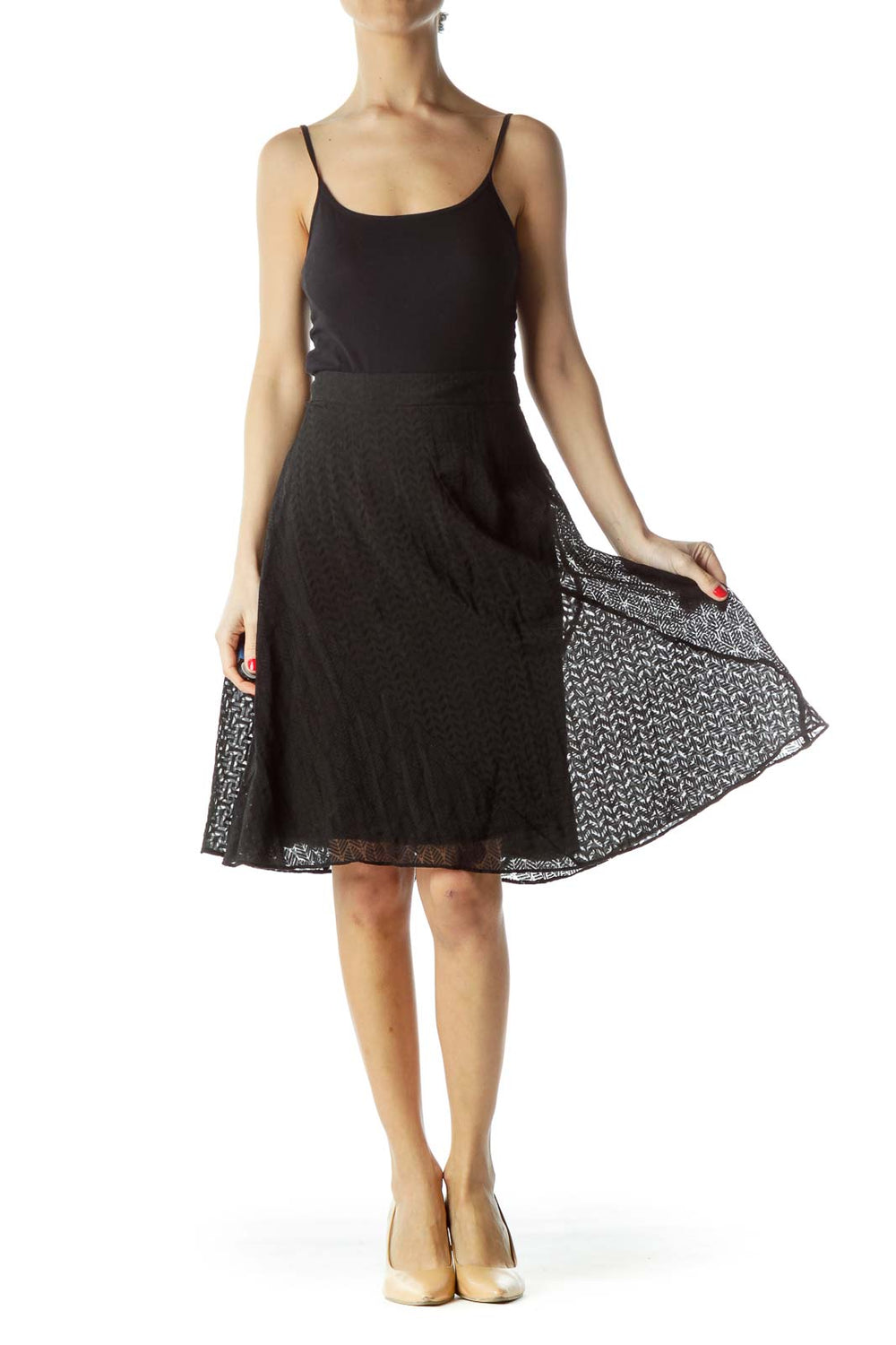 Front view of Maeve black lace A-line midi skirt