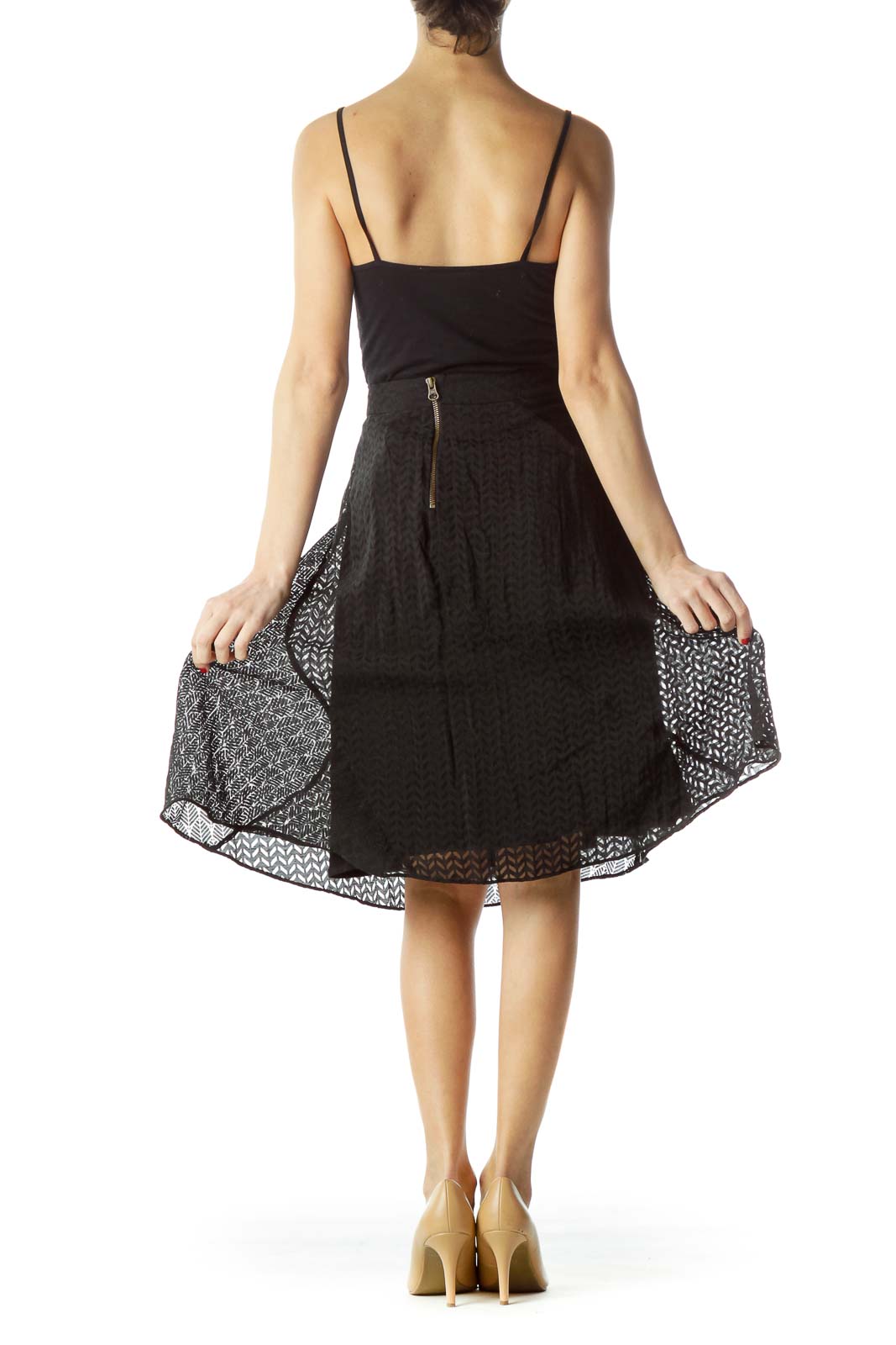 Back view of Maeve black lace A-line midi skirt with zipper closure