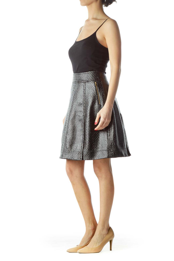 Black Texture Shiny Zippered Pockets A-Line Skirt