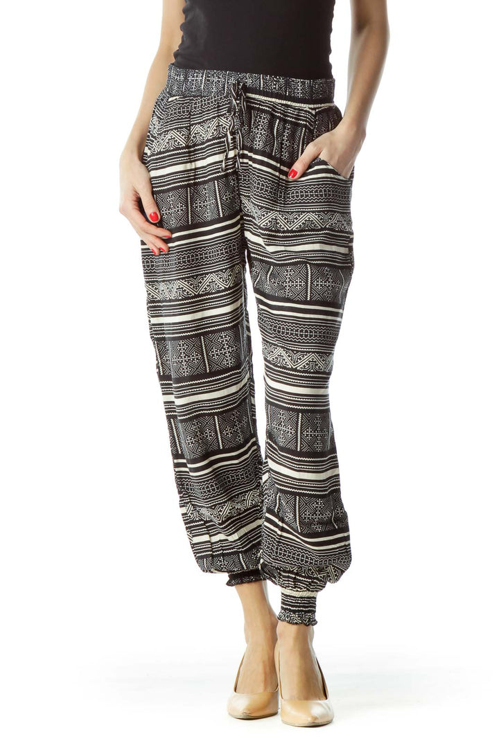 Black Cream Print Elastic Bands Pocketed Pants