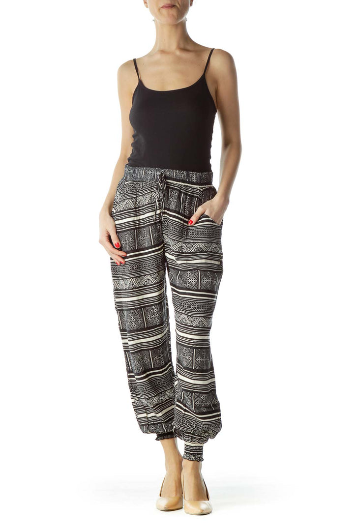 Black Cream Print Elastic Bands Pocketed Pants