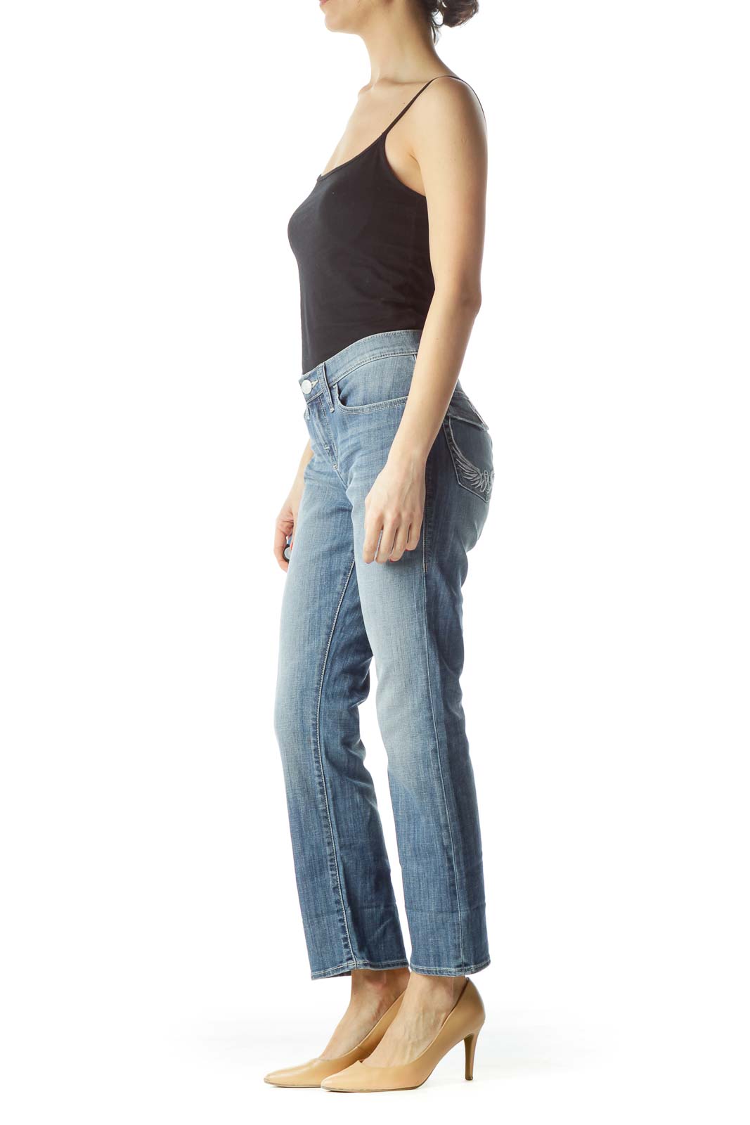 Front view of Rock & Republic light blue straight leg jeans on model